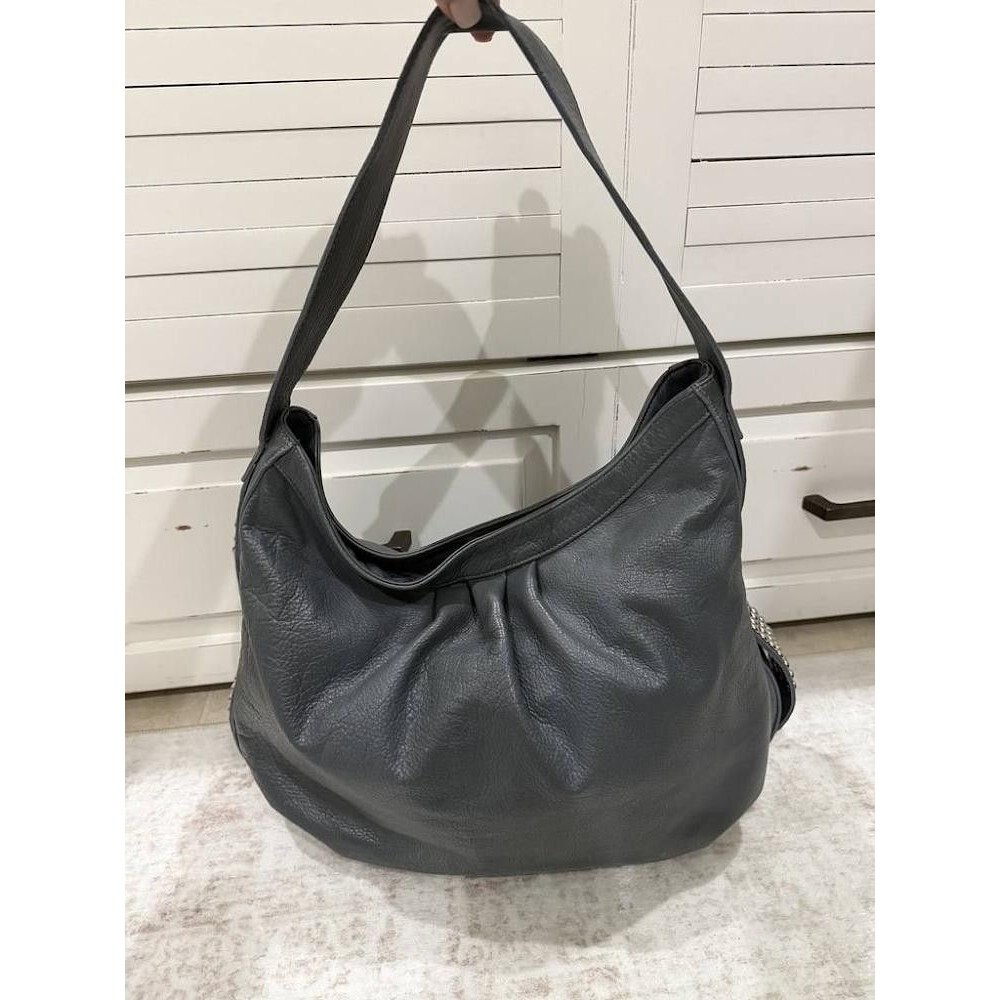 Bryna Nicole Grey Pebbled Leather Studded Hobo Shoulder Bag Purse Damask